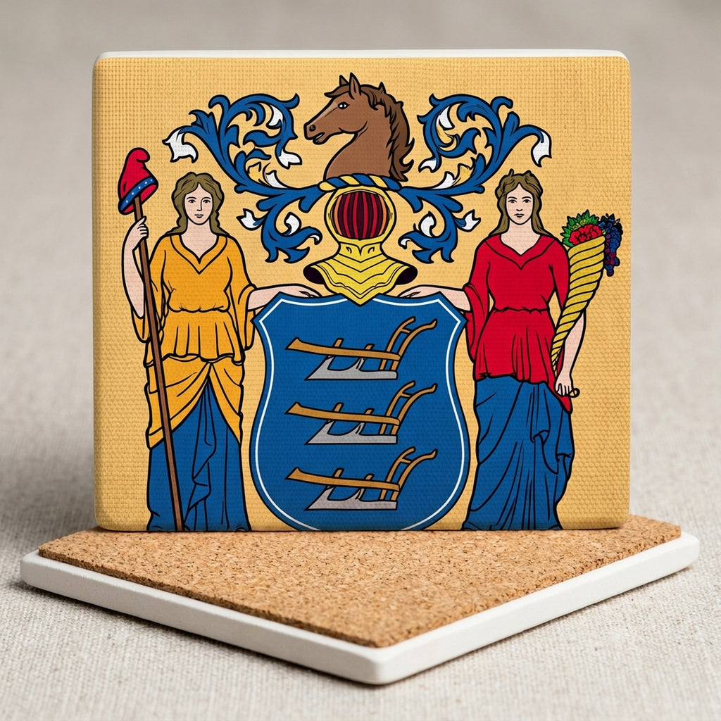 New Jersey State Flag ceramic coasters set of 4, cork back