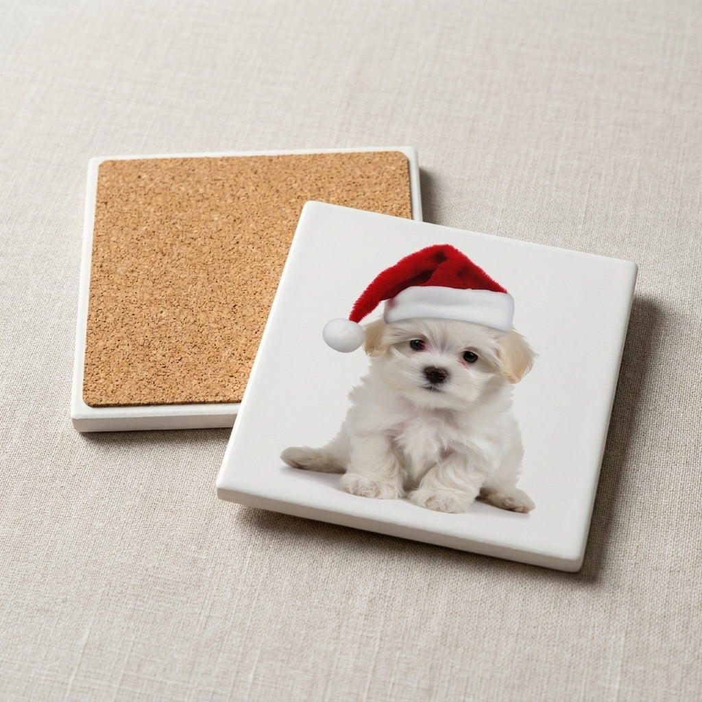 Maltese Puppy ceramic coasters set of 4, cork back
