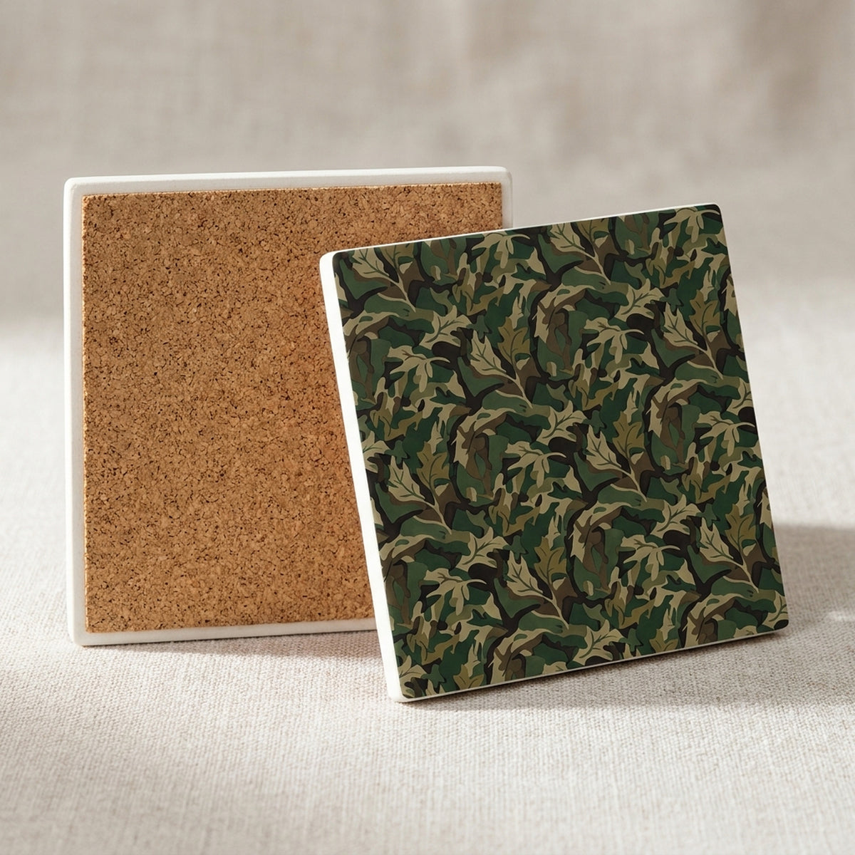 Green Camo ceramic coasters set of 4, cork back