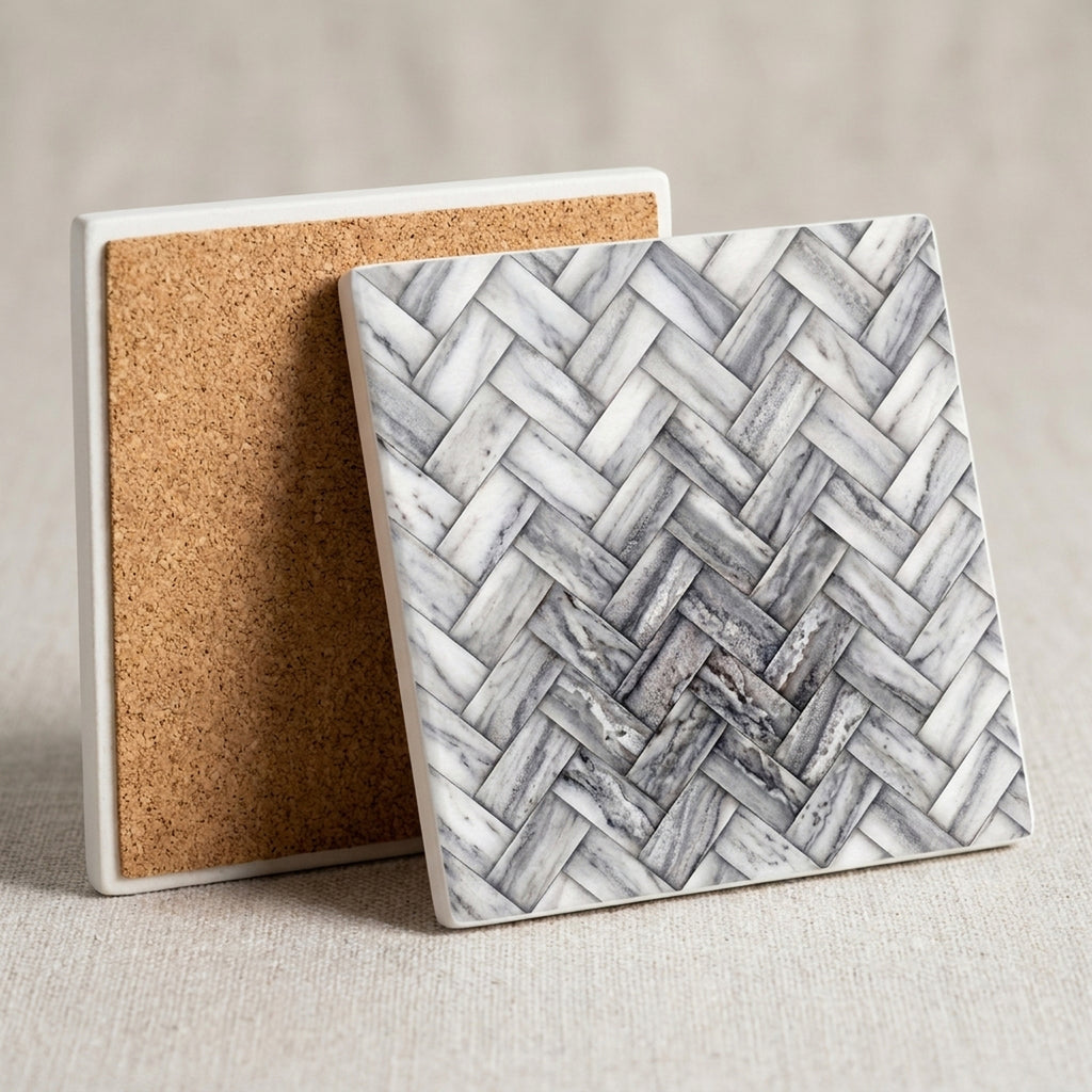 Herringbone ceramic coasters set of 4, cork back