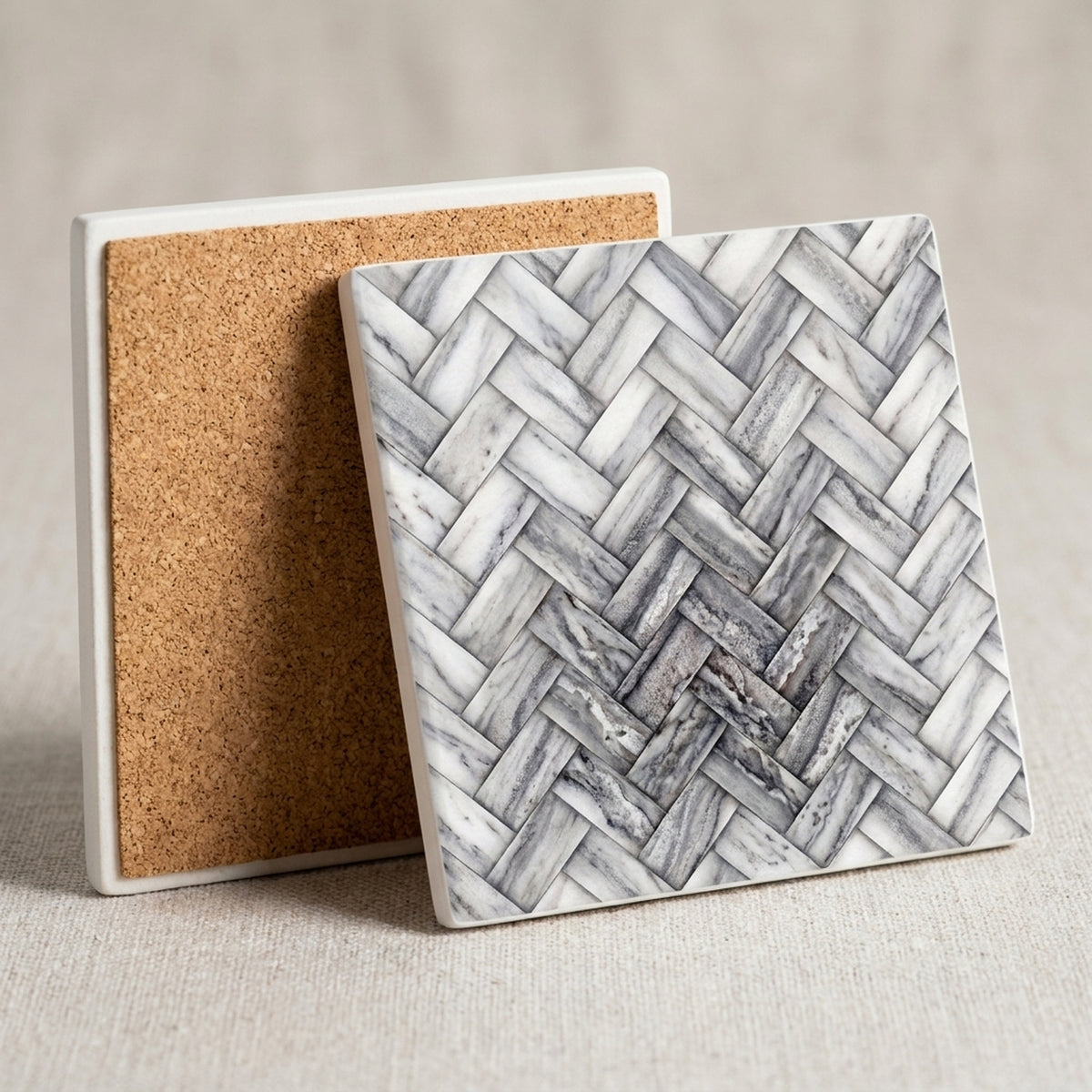 Herringbone ceramic coasters set of 4, cork back