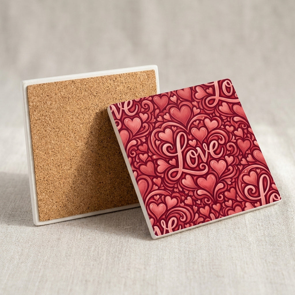Love Script Hearts ceramic coasters set of 4, cork back