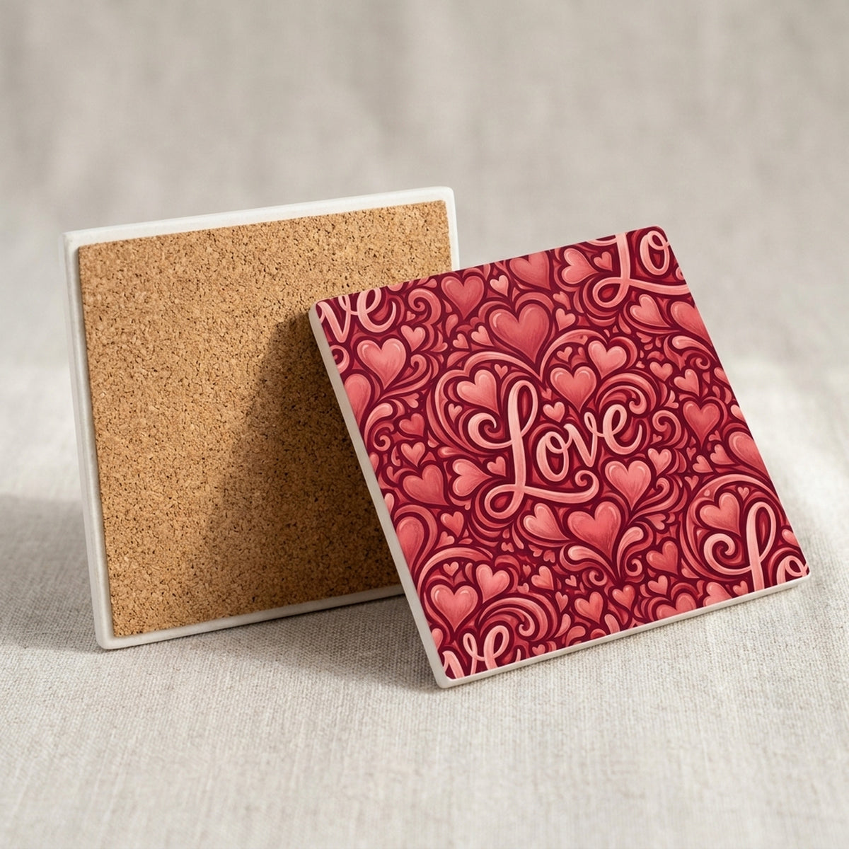 Love Script Hearts ceramic coasters set of 4, cork back
