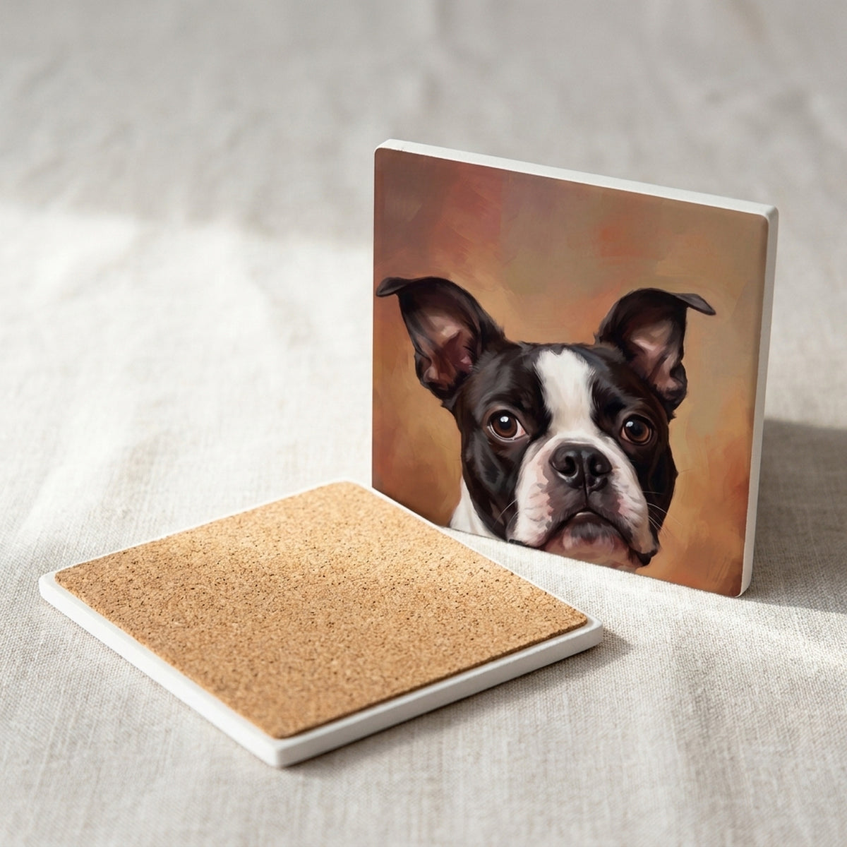 Boston Terrier Portrait ceramic coasters set of 4, cork back