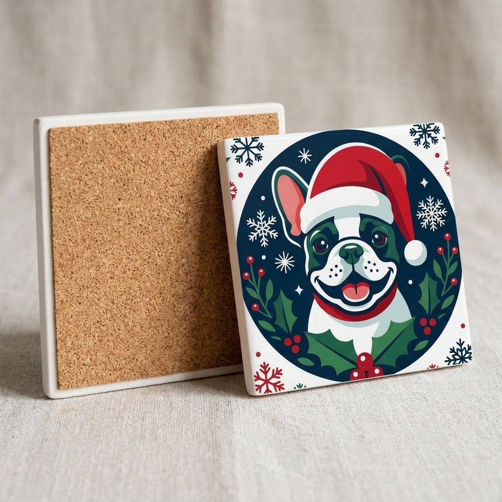 French Bulldog Christmas Ornament Art ceramic coasters set of 4, cork back