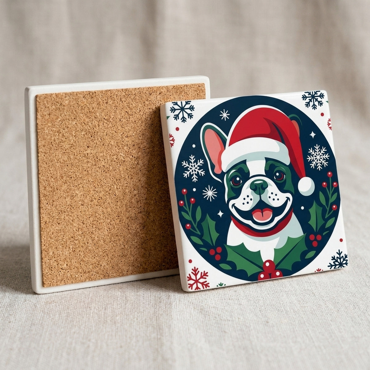 French Bulldog Christmas Ornament Art ceramic coasters set of 4, cork back