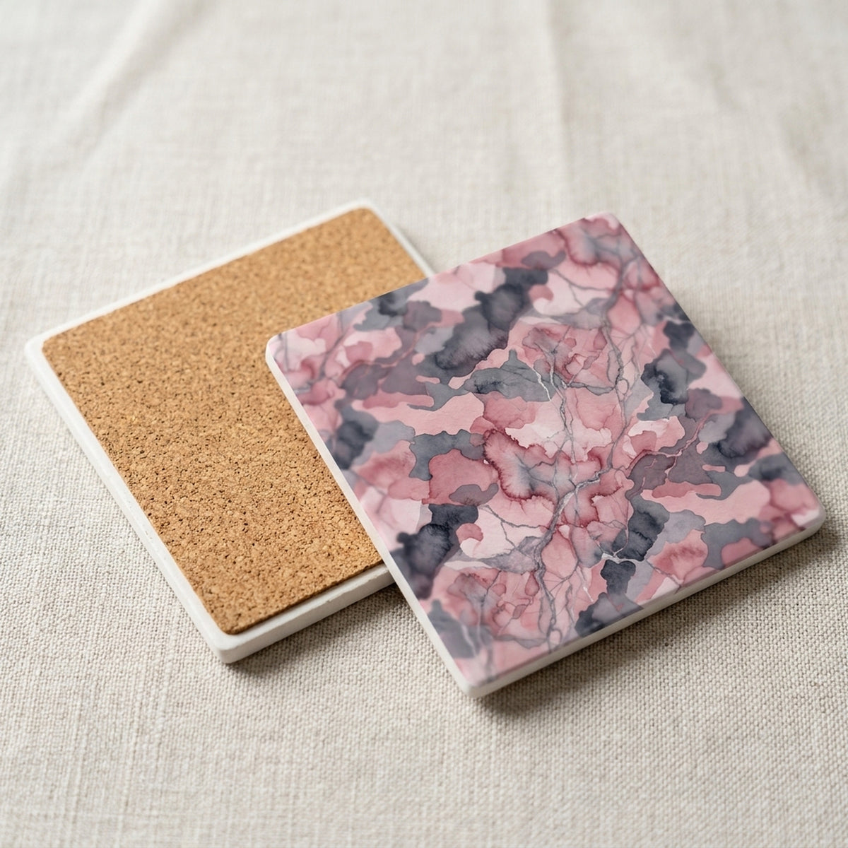 Pink Camo ceramic coasters set of 4, cork back