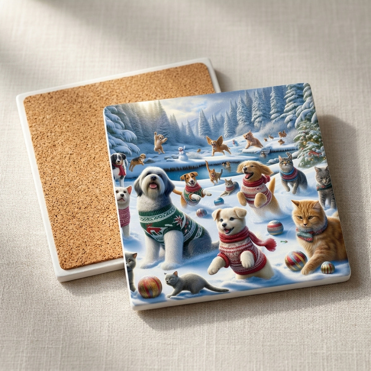 Holiday Sweater Pets ceramic coasters set of 4, cork back