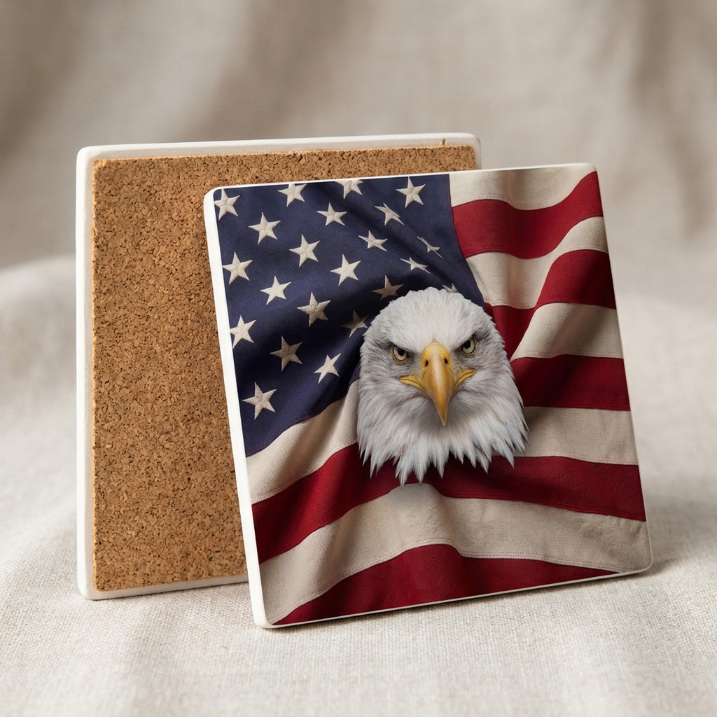 Patriotic Eagle & Flag ceramic coasters set of 4, cork back