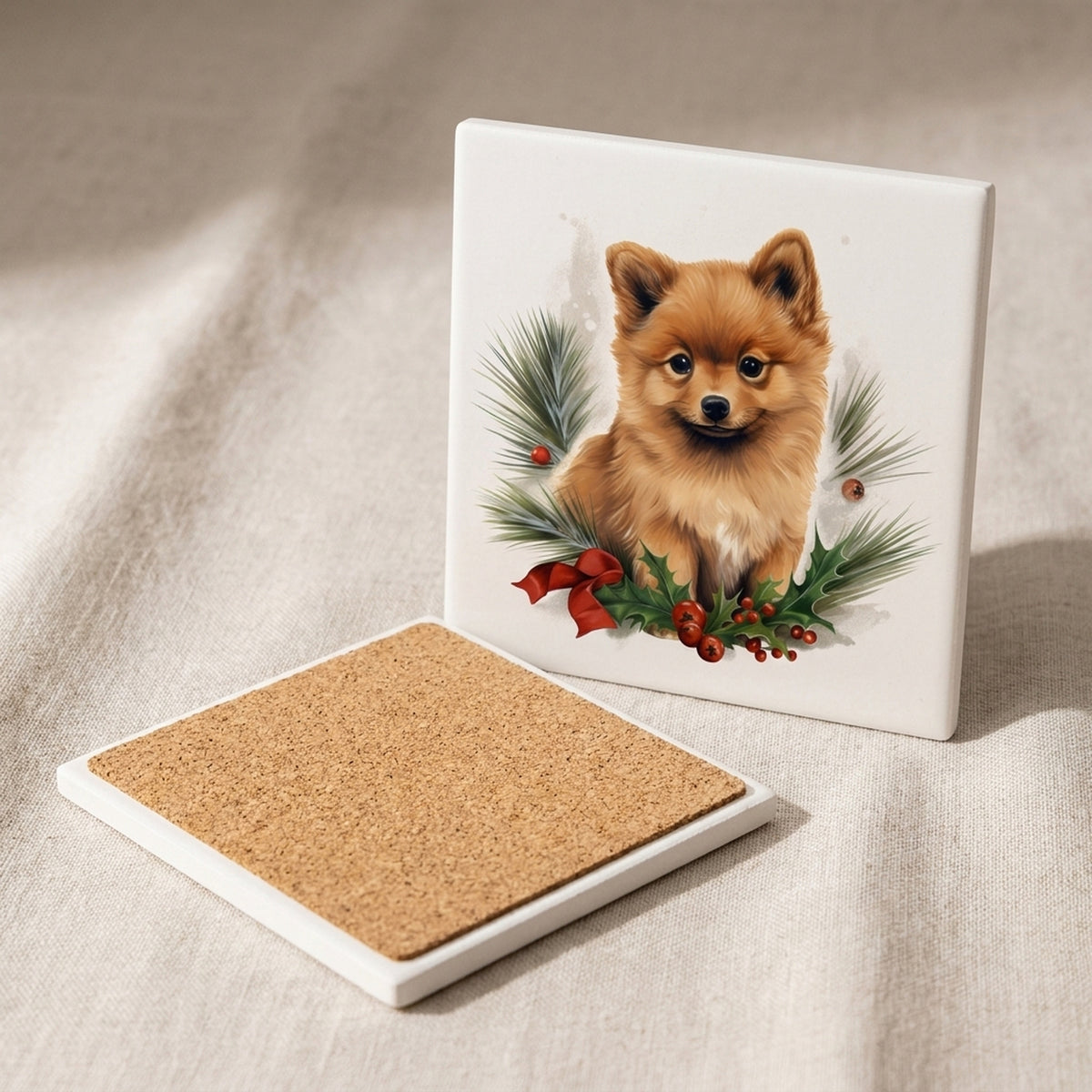 Finnish Spitz Puppy Drawing ceramic coasters set of 4, cork back
