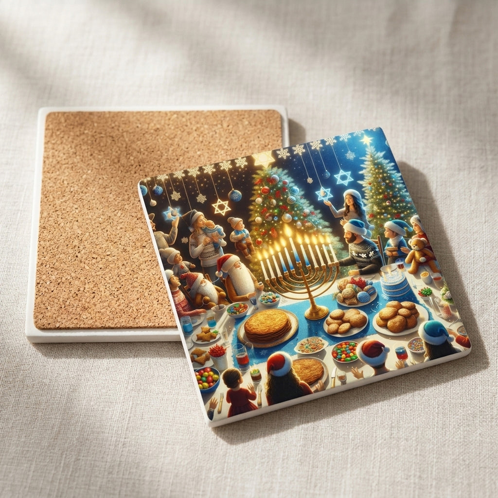 Chrismukkah Holiday Celebration ceramic coasters set of 4, cork back