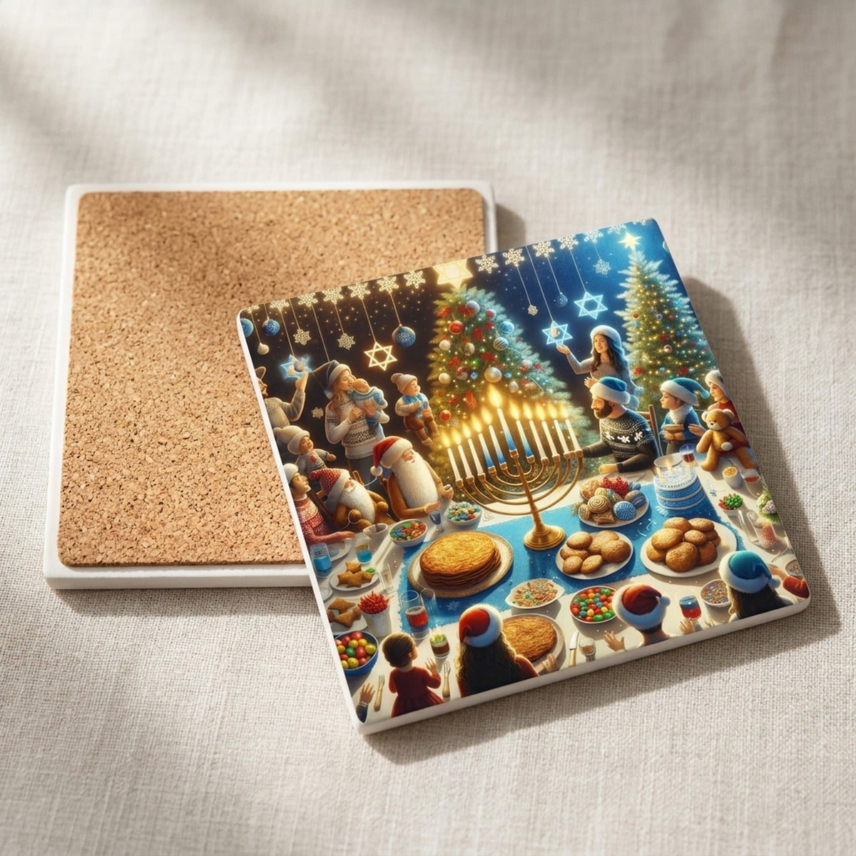 Chrismukkah Holiday Celebration ceramic coasters set of 4, cork back