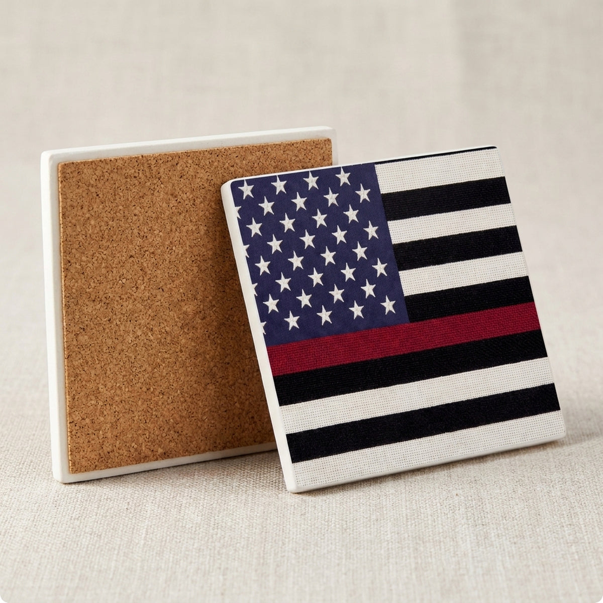 Thin Red Line Flag ceramic coasters set of 4, cork back