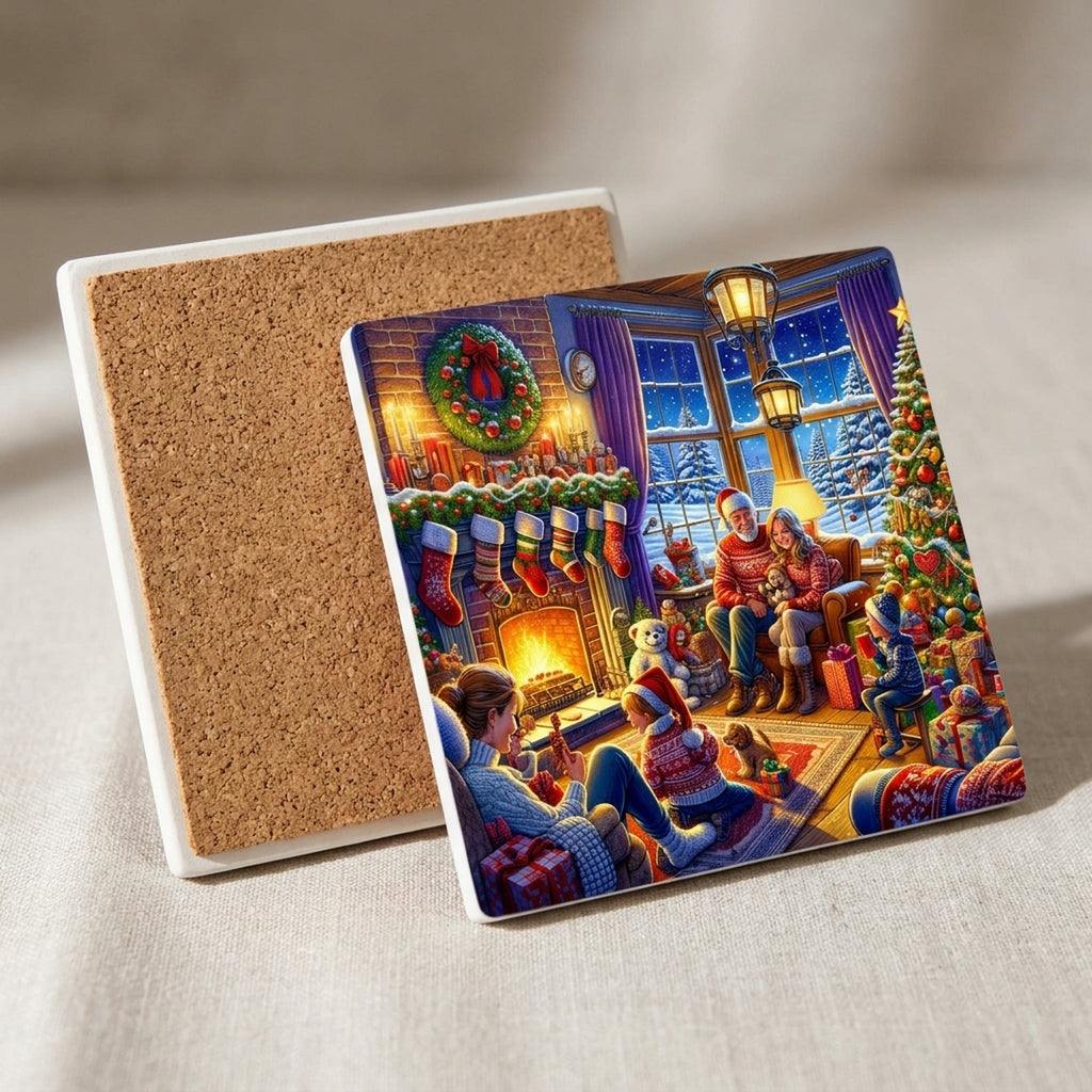 Cozy Christmas Hearth ceramic coasters set of 4, cork back