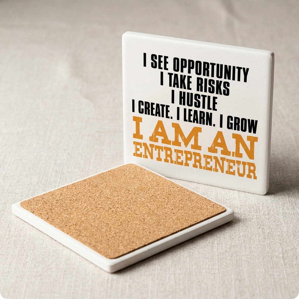 Entrepreneur Opportunity Risks Hustle ceramic coasters set of 4, cork back