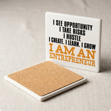 Entrepreneur Opportunity Risks Hustle ceramic coasters set of 4, cork back