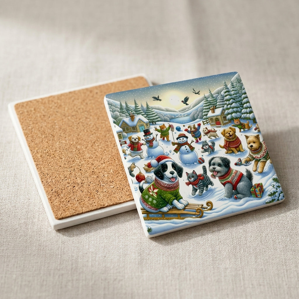 Cozy Christmas Pets ceramic coasters set of 4, cork back