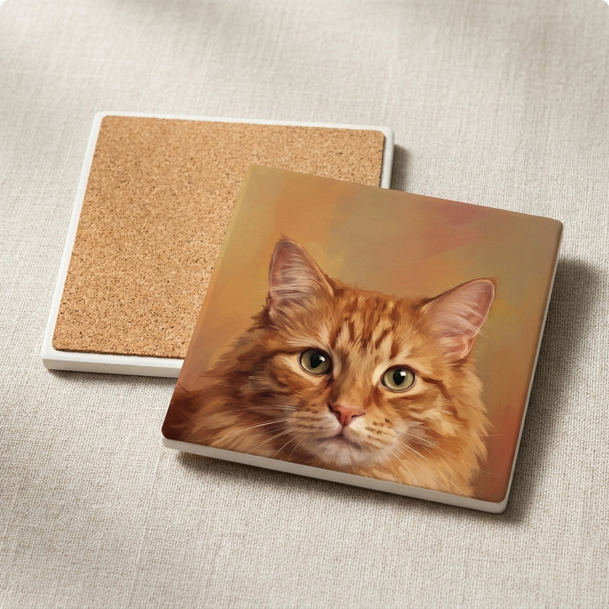 Orange Tabby Cat Portrait ceramic coasters set of 4, cork back