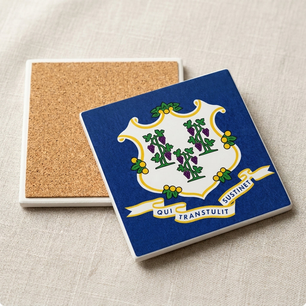 Connecticut State Flag ceramic coasters set of 4, cork back