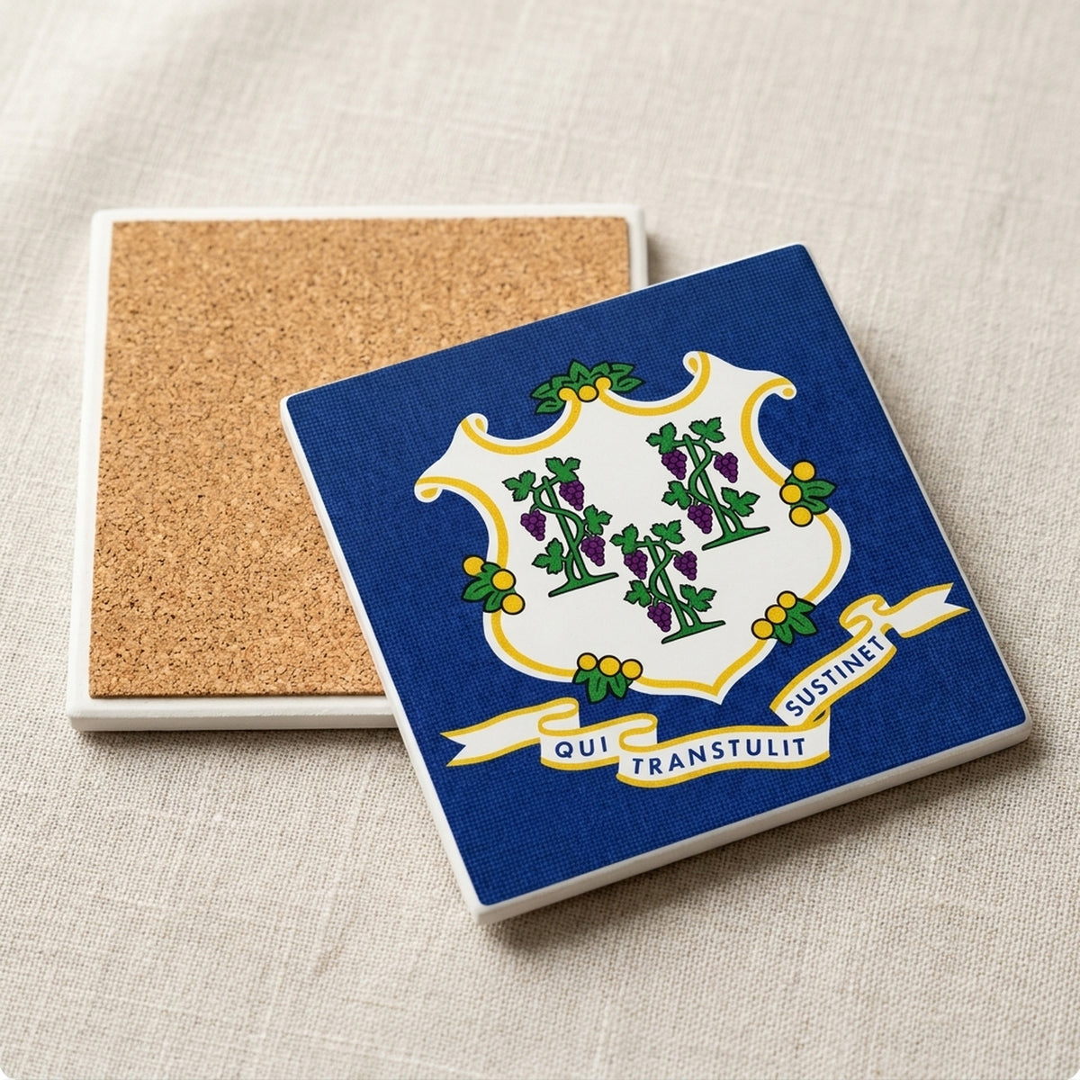 Connecticut State Flag ceramic coasters set of 4, cork back