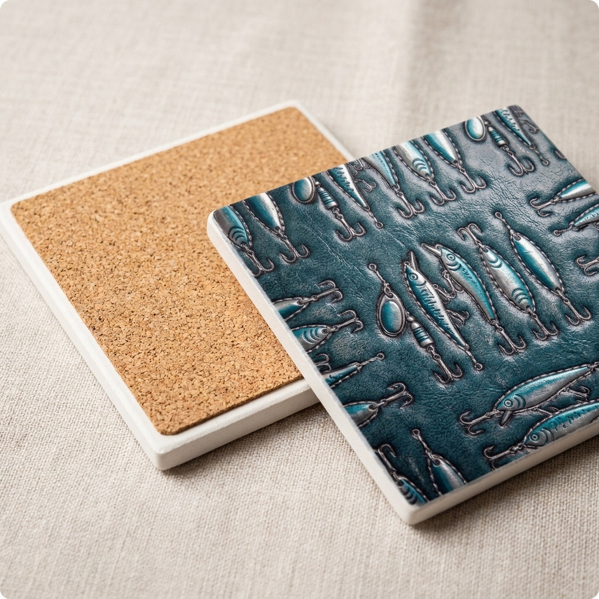 Fishing Lure ceramic coasters set of 4, cork back