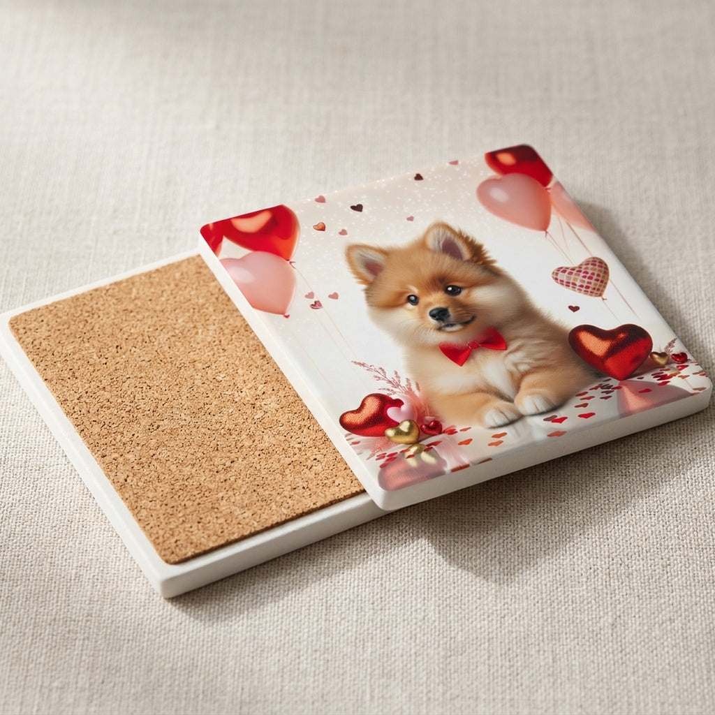 Pomeranian ceramic coasters set of 4, cork back