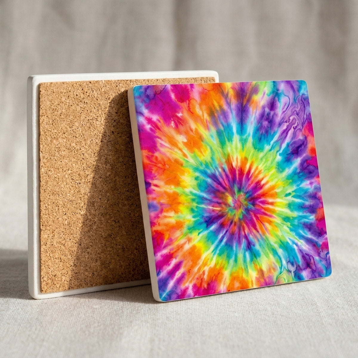 Rainbow Tie-Dye ceramic coasters set of 4, cork back