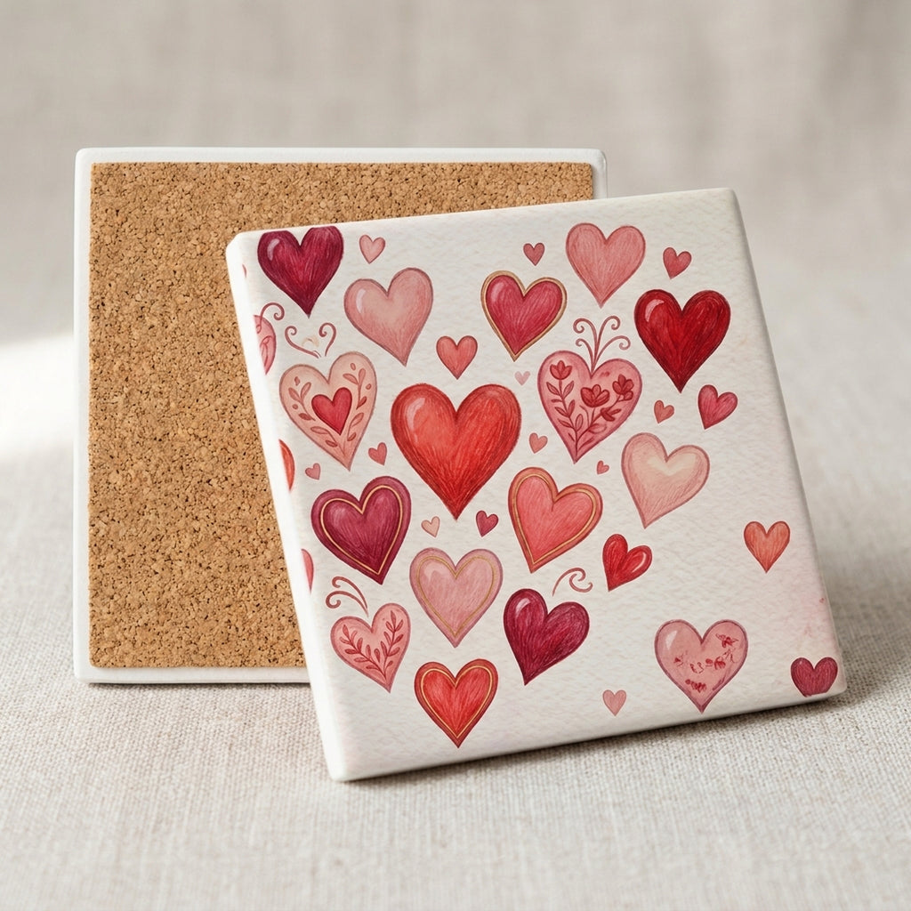 Valentine Hearts ceramic coasters set of 4, cork back