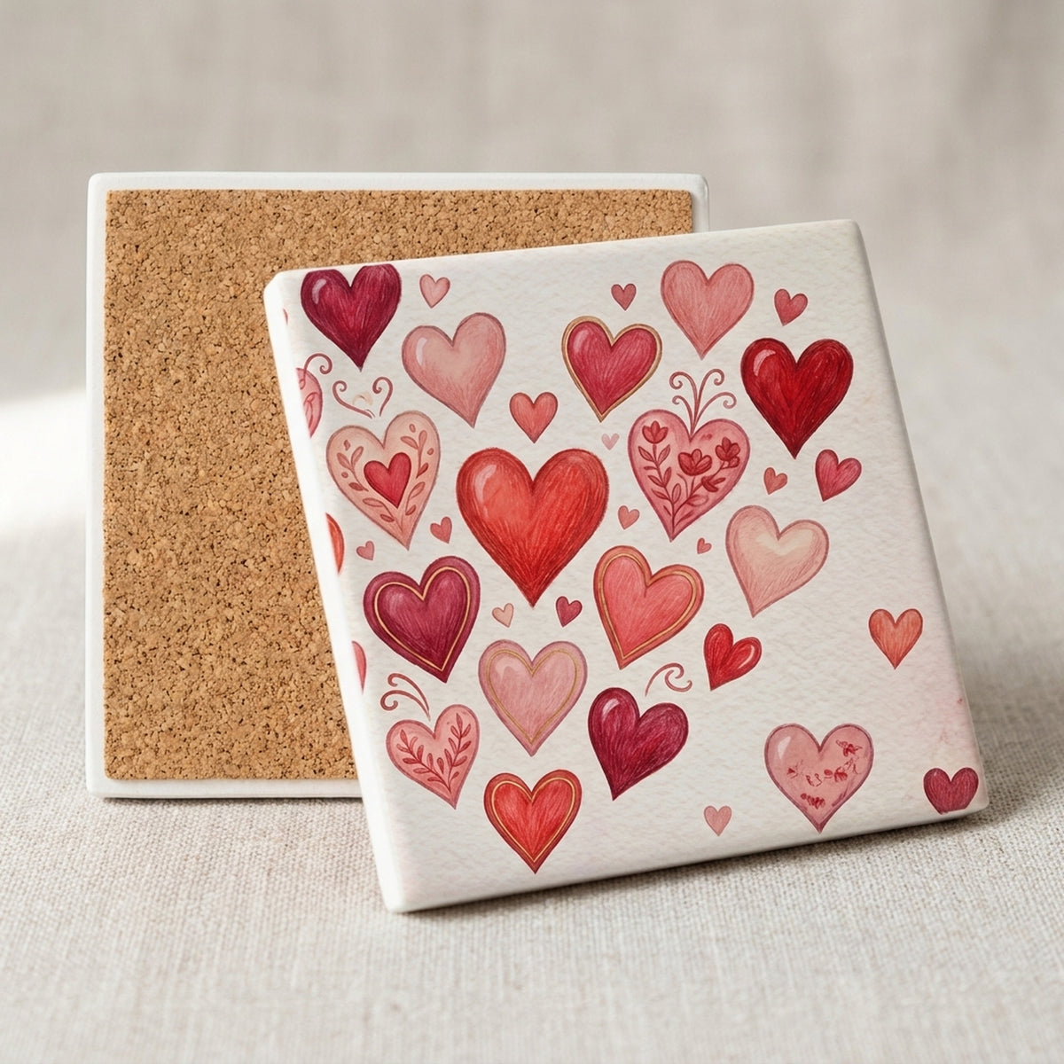Valentine Hearts ceramic coasters set of 4, cork back