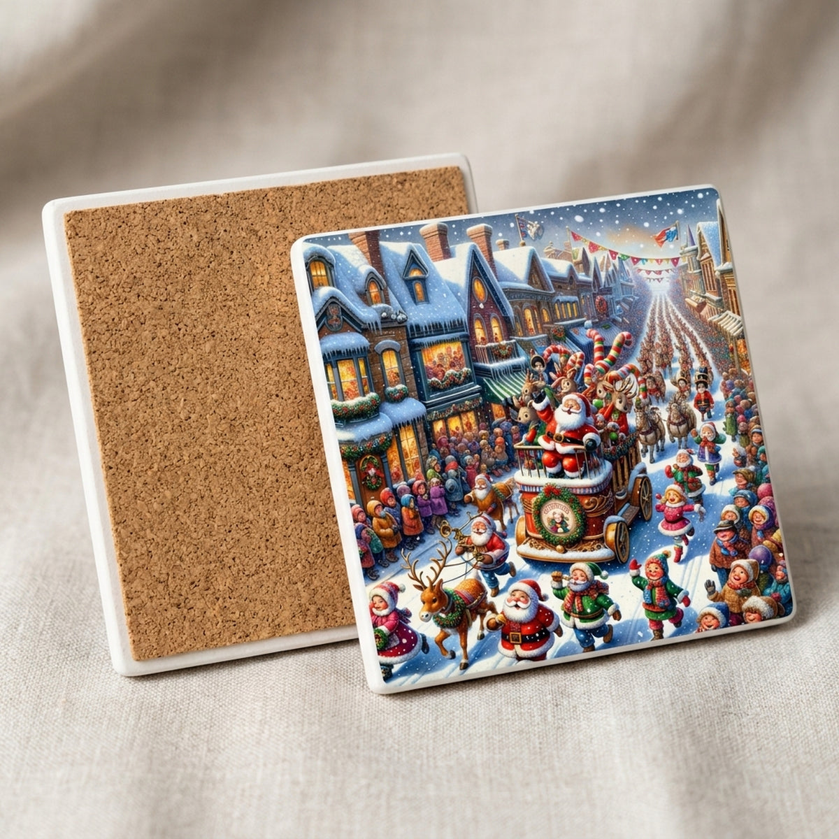 Vintage Santa Parade ceramic coasters set of 4, cork back
