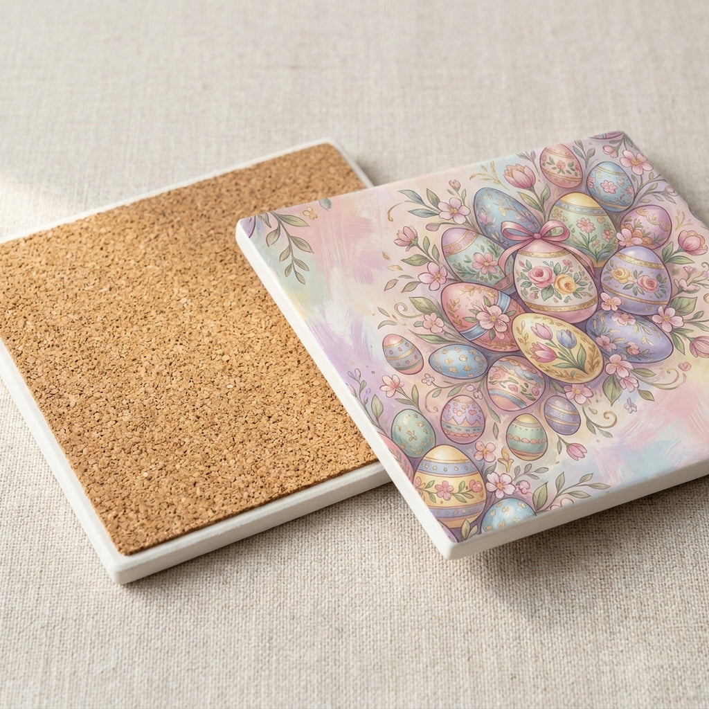 Easter Pastel Eggs ceramic coasters set of 4, cork back