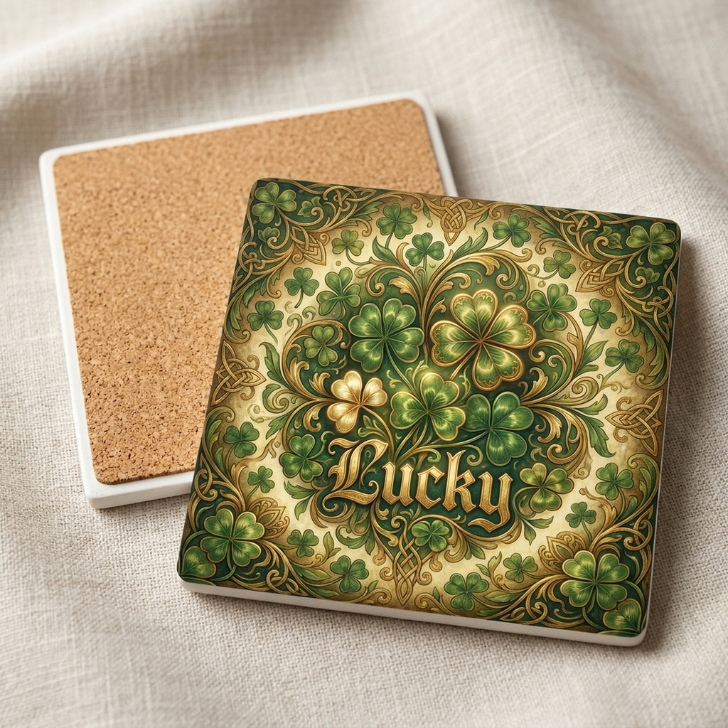 Shamrock St Patricks ceramic coasters set of 4, cork back
