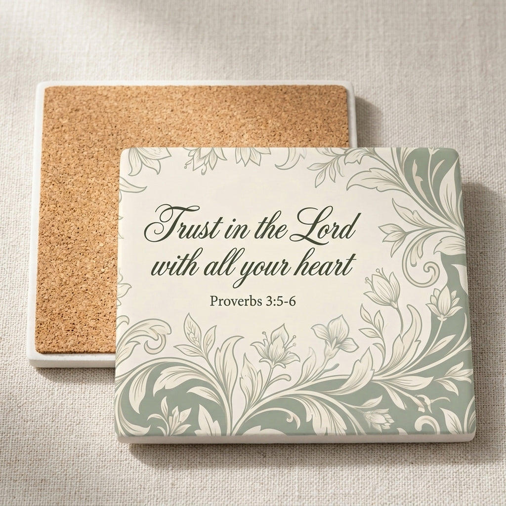 Proverbs 3:5 ceramic coasters set of 4, cork back