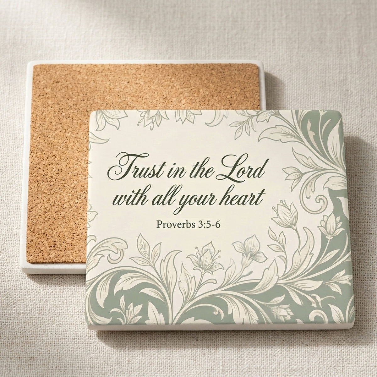 Proverbs 3:5 ceramic coasters set of 4, cork back