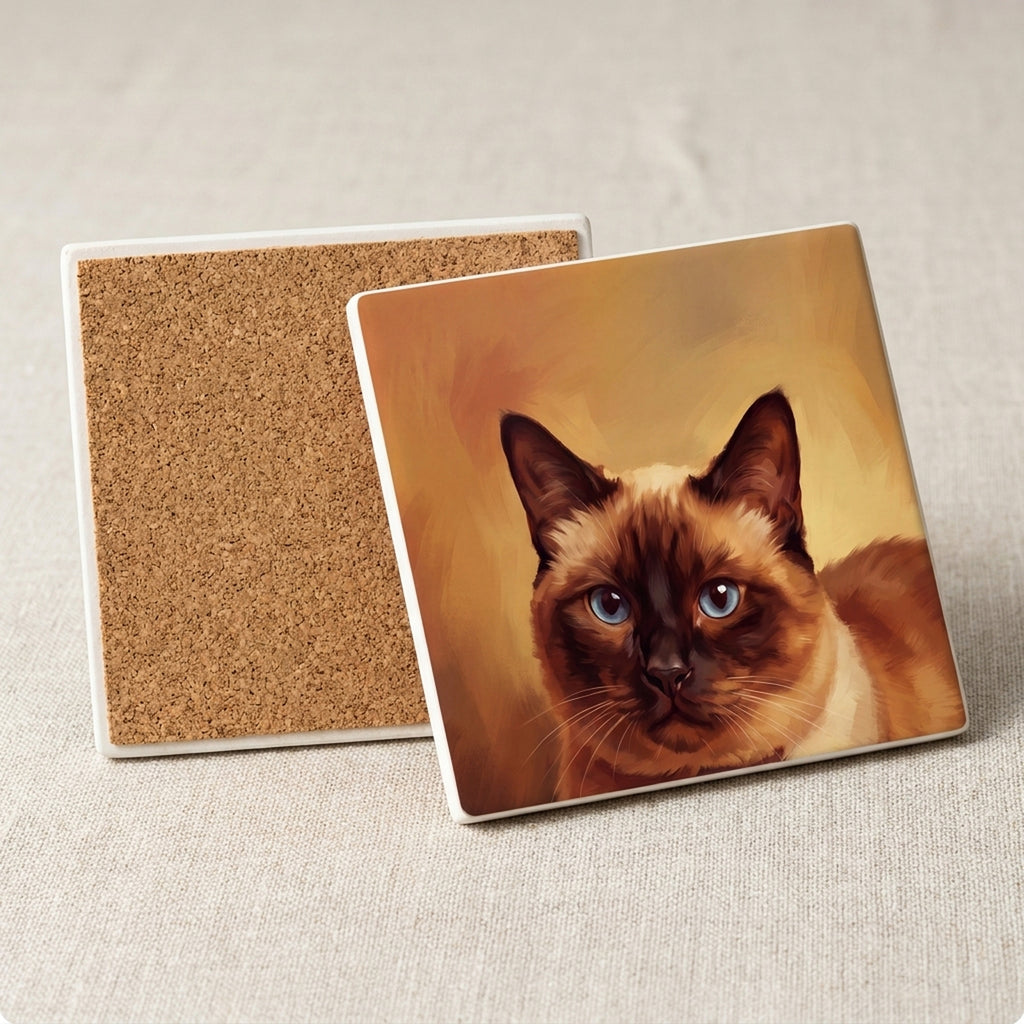 Siamese Cat Portrait ceramic coasters set of 4, cork back