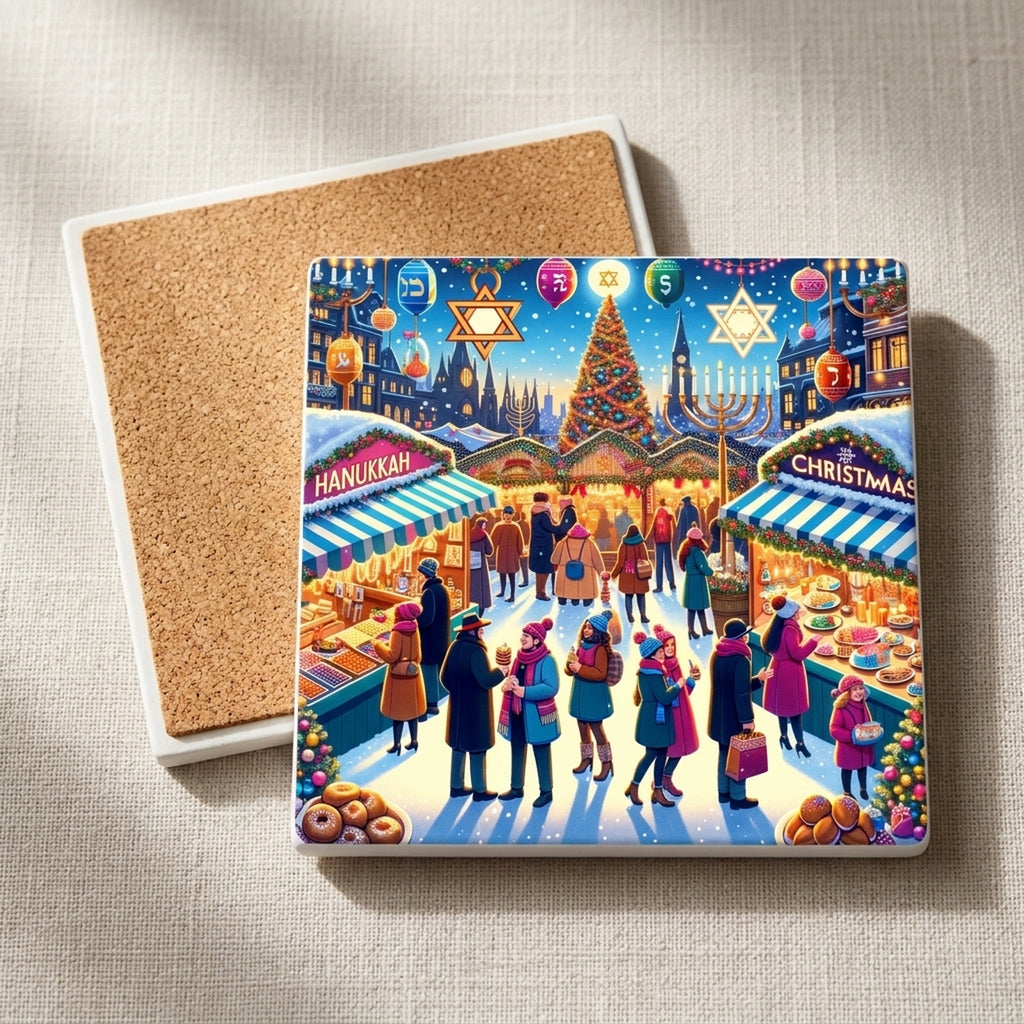Festive Holiday Market ceramic coasters set of 4, cork back