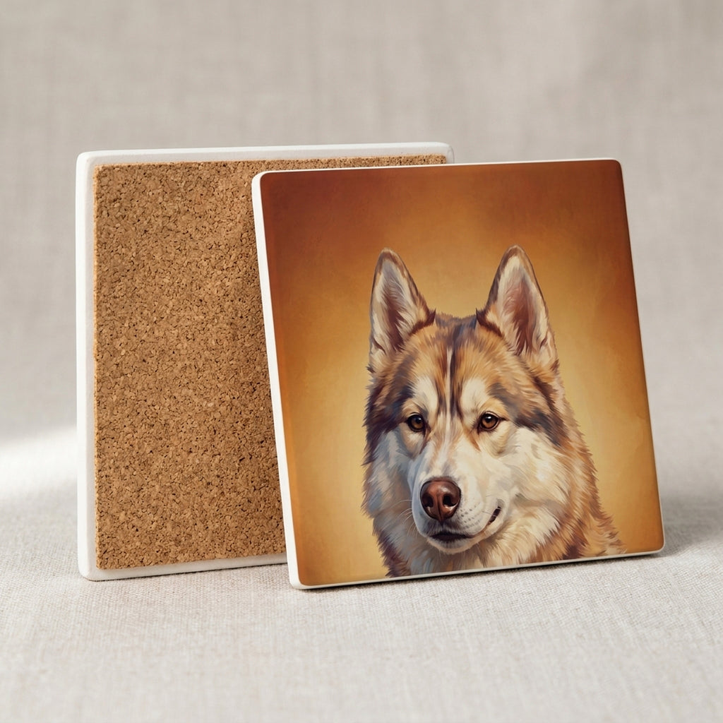 Siberian Husky Portrait ceramic coasters set of 4, cork back