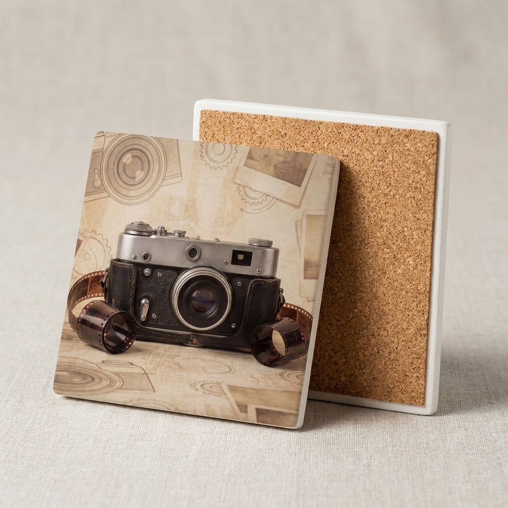 Film Camera ceramic coasters set of 4, cork back