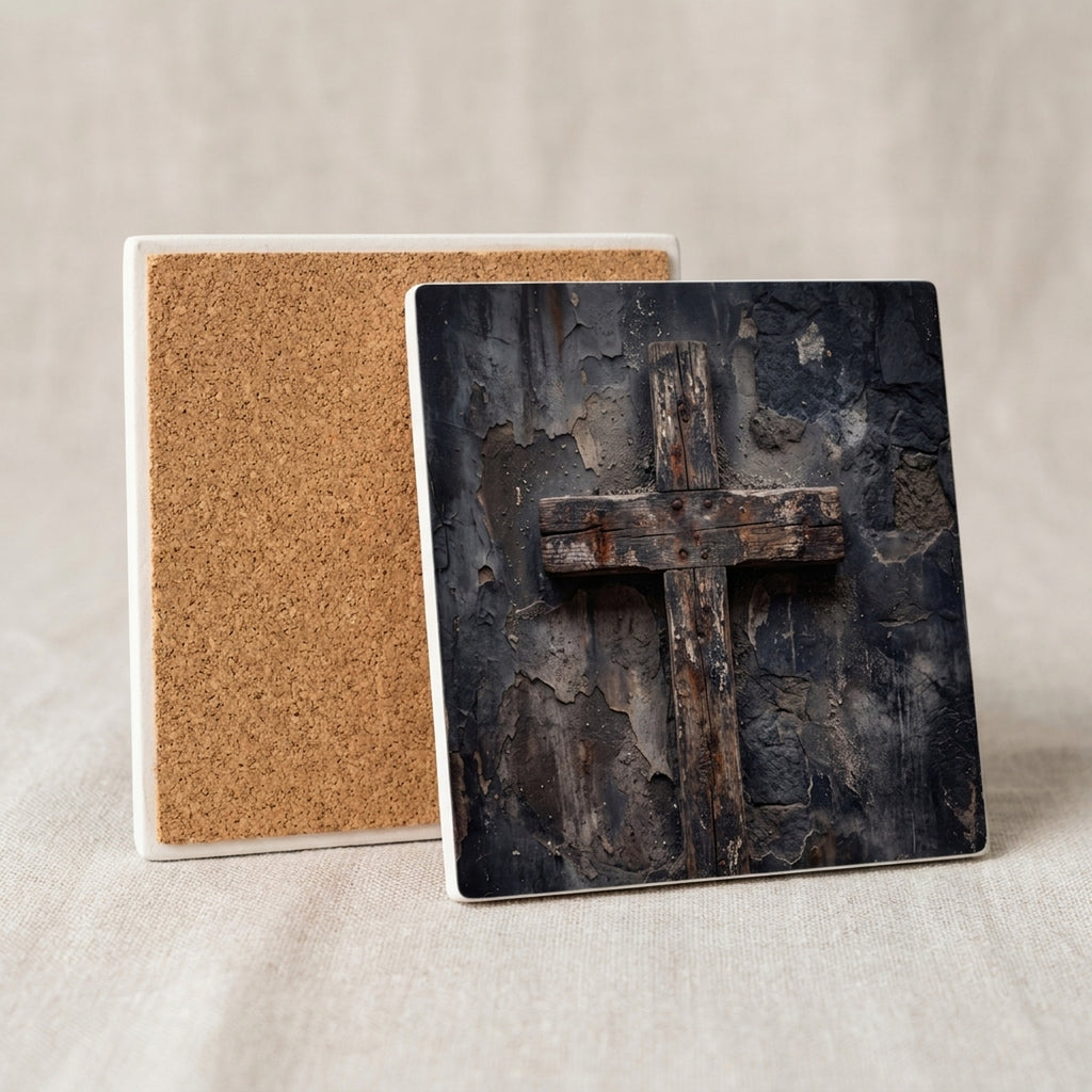 Distressed Cross ceramic coasters set of 4, cork back