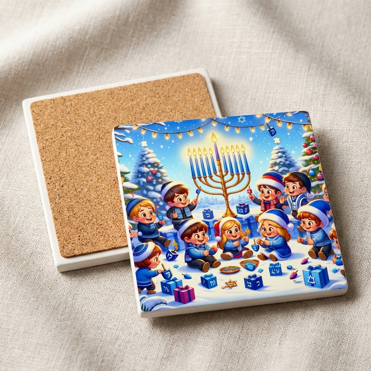 Golden Menorah Celebration ceramic coasters set of 4, cork back
