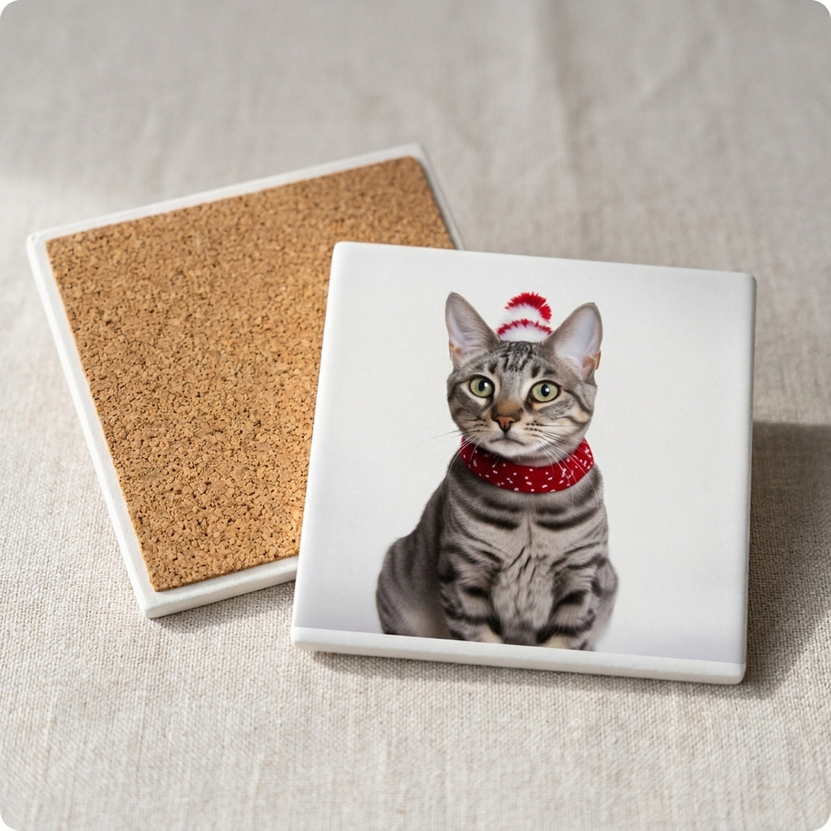 Egyptian Mau Cat ceramic coasters set of 4, cork back