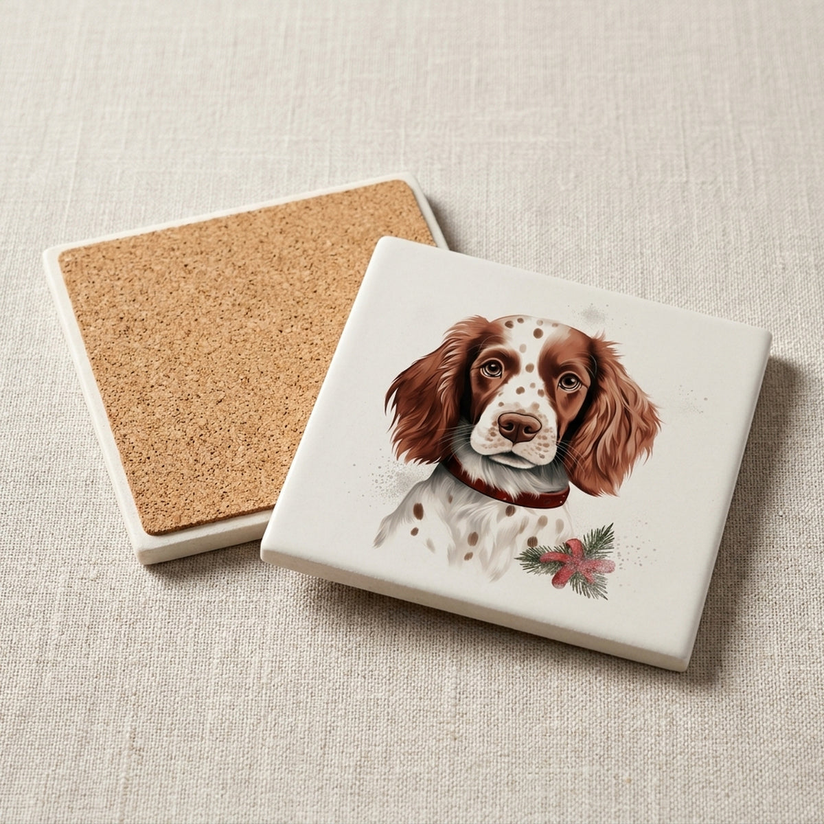 Irish Red and White Setter Puppy Drawing ceramic coasters set of 4, cork back