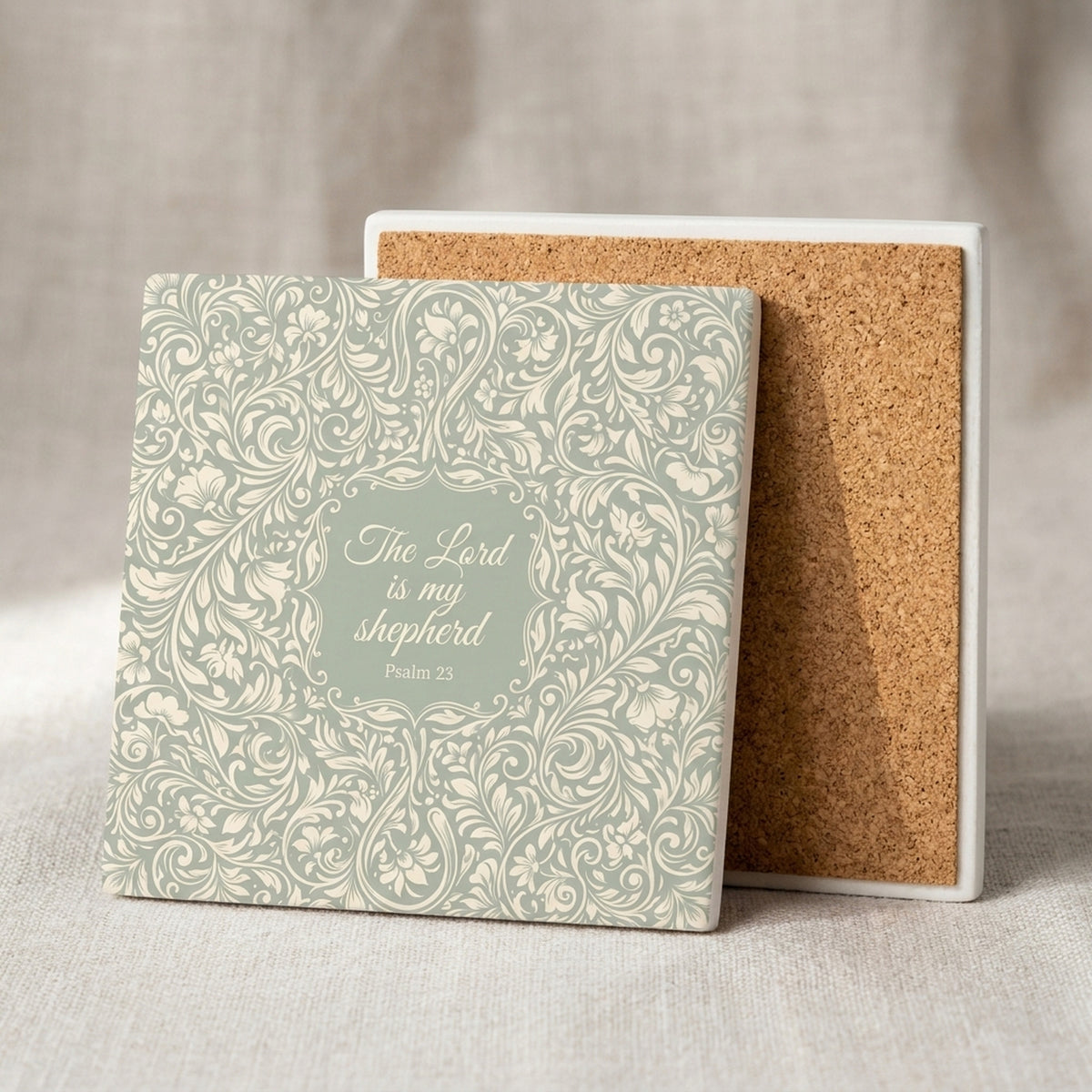 Psalm 23 ceramic coasters set of 4, cork back