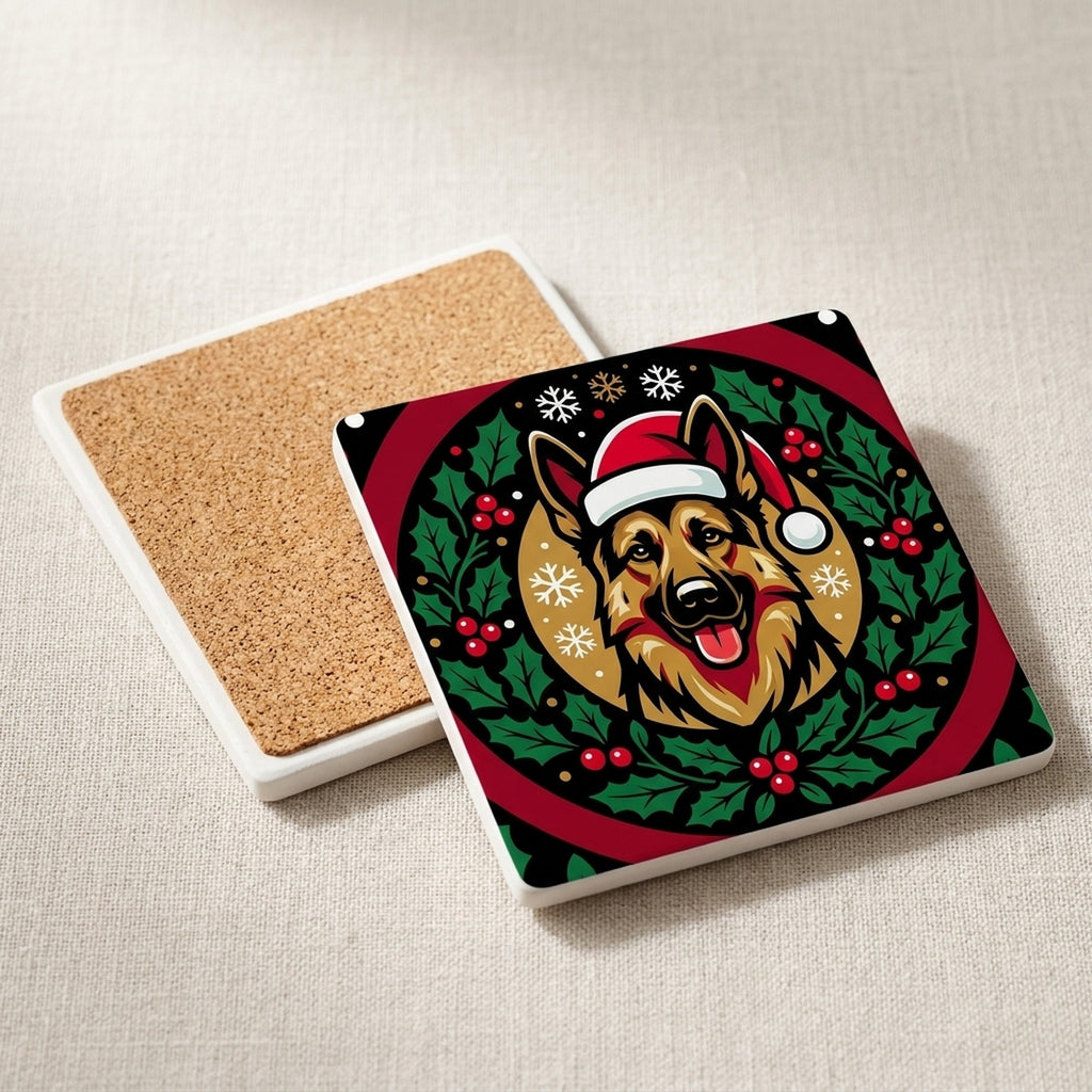 German Shepherd Christmas Ornament Art ceramic coasters set of 4, cork back