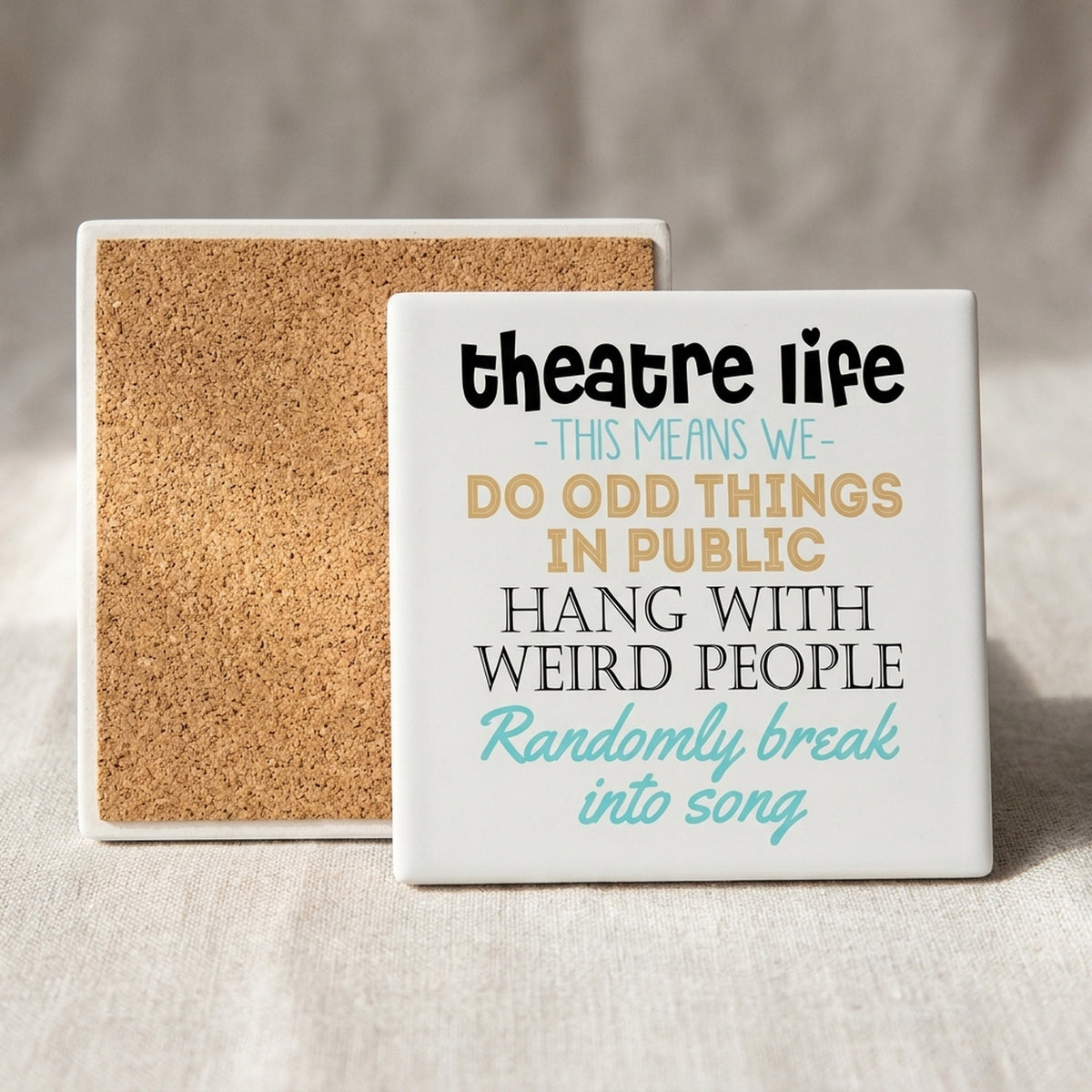 Theatre Life - Odd Things in Public ceramic coasters set of 4, cork back