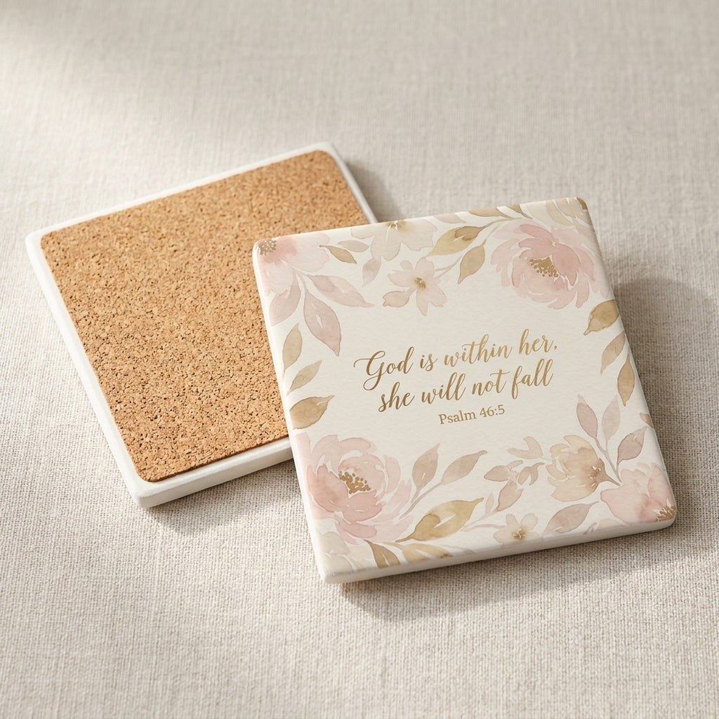 God Is Within Her ceramic coasters set of 4, cork back