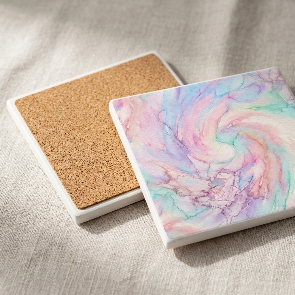 Pastel Tie-Dye ceramic coasters set of 4, cork back