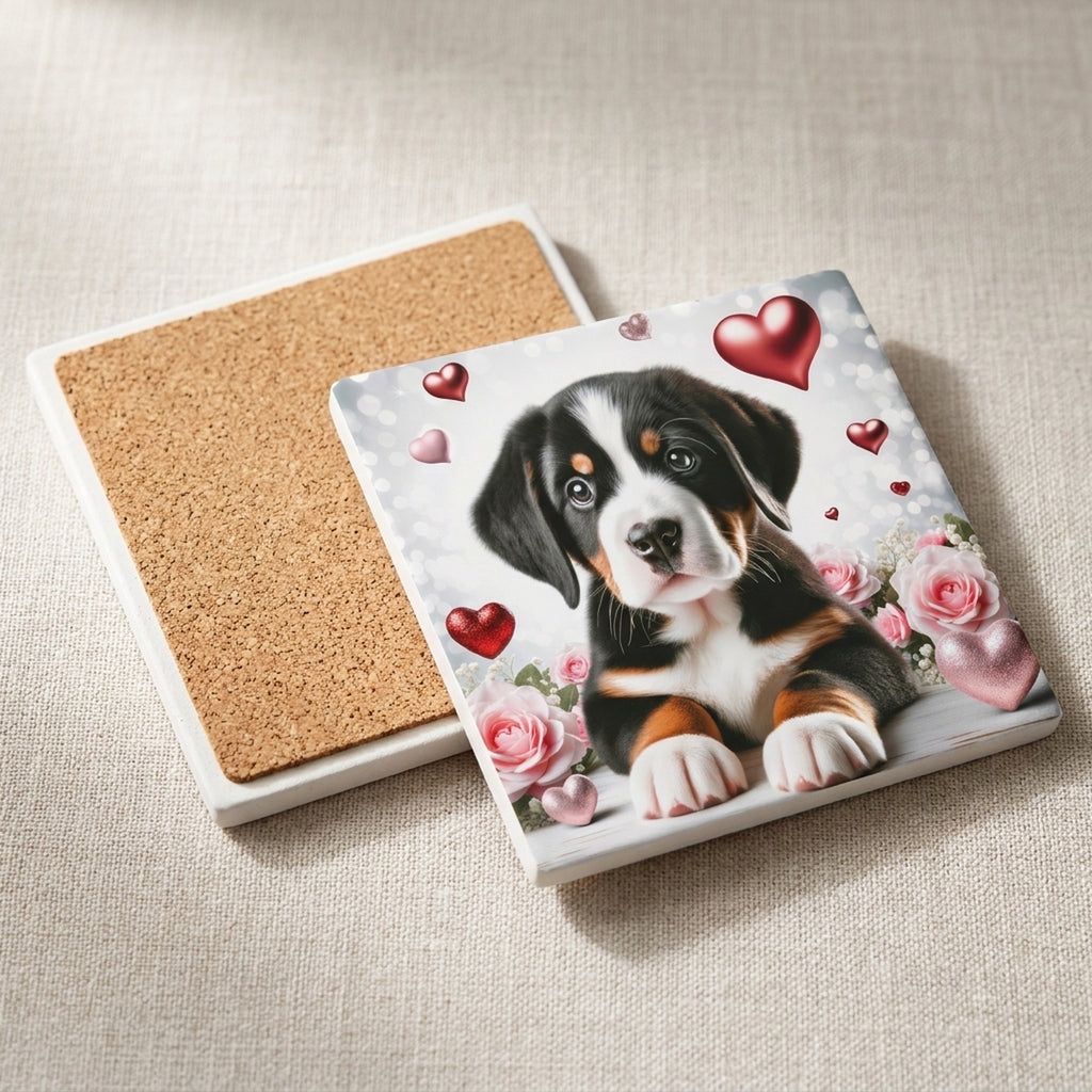 Greater Swiss Mountain Dog ceramic coasters set of 4, cork back