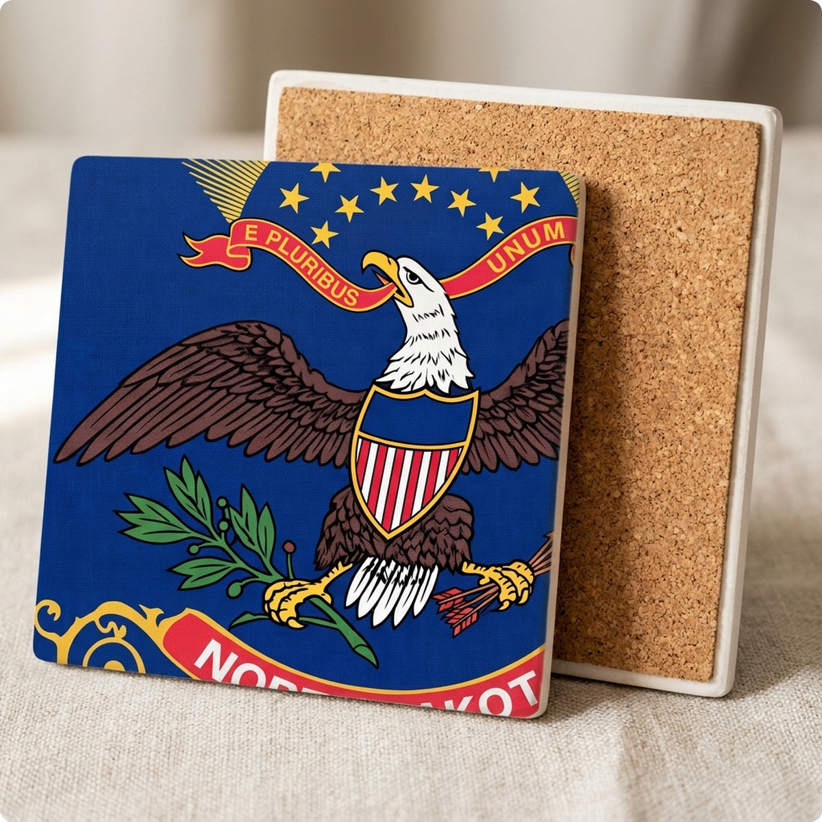 North Dakota State Flag ceramic coasters set of 4, cork back