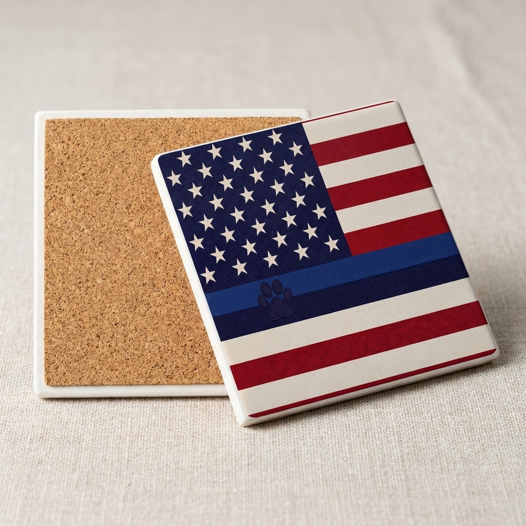 Blue Line K9 Paw Flag ceramic coasters set of 4, cork back